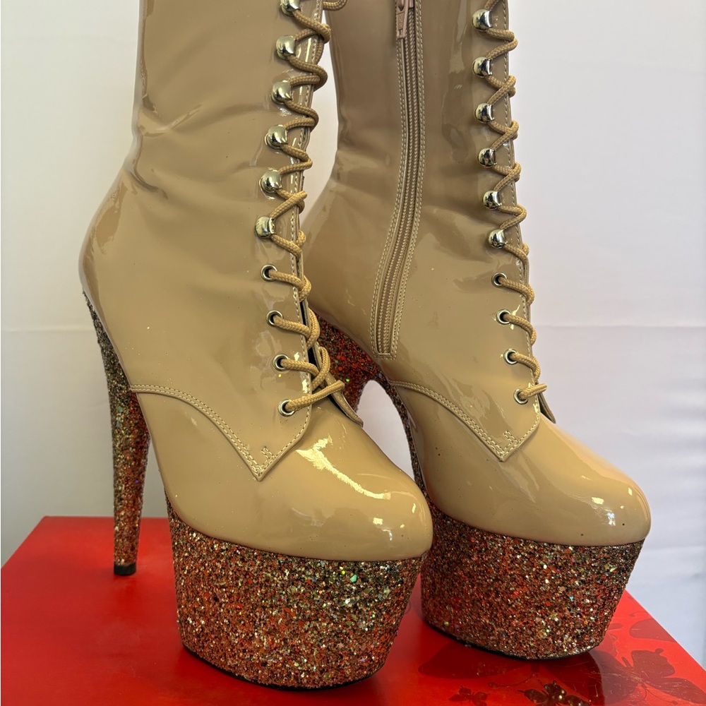 Pleaser Adore 1020 Nude Patent/Nude Glitter 7” Boot
